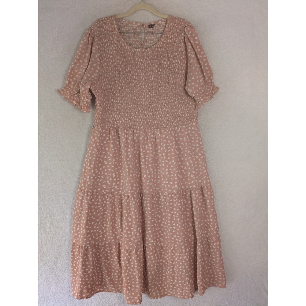 Zattcas Tiered Midi Dress Women's XXL Pink Floral Smocked Puff Sleeve Pockets